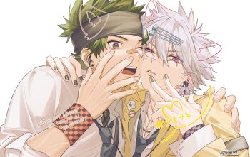 Rule 34 | 2boys, absurdres, artist request, bandaid, bandaid on face, bandaid on nose, black headband, black nails, blue necktie, brown eyes, cheek-to-cheek, collared shirt, commentary request, cross scar, earphones, earrings, green hair, green nails, hair between eyes, hand on another's shoulder, headband, heads together, highres, jacket, jewelry, kanzaki kaoru, kaohom503 2, kotaro tamon, male focus, multiple boys, necklace, necktie, one eye closed, open mouth, parted lips, phantom busters, purple eyes, scar, scar across eye, scar on face, shared earphones, shirt, short hair, simple background, star (symbol), teeth, translation request, v, white background, white hair, white shirt, yellow jacket
