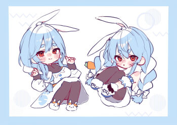 2girls animal_ears black_bodysuit black_pantyhose blue_hair bodysuit braid braided_ponytail carrot_hair_ornament closed_mouth commentary_request dress food-themed_hair_ornament fur-trimmed_dress fur_trim hair_ornament highres hololive looking_at_viewer mature_female mother_and_daughter multicolored_hair multiple_girls open_mouth pantyhose pekomama pekomama_(1st_costume) rabbit_ears rabbit_girl red_eyes saka_x_x short_eyebrows smile twin_braids two-tone_hair usada_pekora usada_pekora_(1st_costume) virtual_youtuber white_dress white_hair