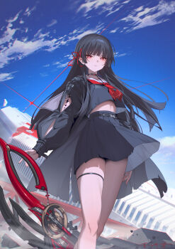 1girl arm_cutout black_choker black_hair black_jacket black_serafuku black_shirt black_skirt blue_sky breasts chisa_(wuthering_waves) choker chromatic_aberration clothing_cutout commentary day debris hair_ribbon hashtag-only_commentary highres holding holding_sword holding_weapon jacket long_hair long_sleeves looking_at_viewer meda medium_breasts neckerchief outdoors parted_lips red_eyes red_neckerchief red_ribbon ribbon sailor_collar school_uniform serafuku shirt skirt sky solo sword tacet_mark_(wuthering_waves) thigh_strap thighs weapon white_sailor_collar wuthering_waves
