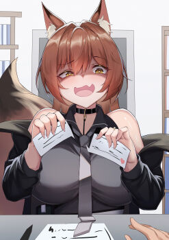1girl absurdres animal_ear_fluff animal_ears arknights bare_shoulders black_jacket breasts brown_hair brown_tail chinese_commentary commentary_request crazy crazy_smile eyes_visible_through_hair fang fingernails fox_ears fox_girl fox_tail franka_(arknights) green_necktie grey_shirt hair_between_eyes hands_up heart heart-shaped_pupils highres holding jacket lahz52 large_breasts leash long_hair long_sleeves looking_at_viewer necktie off_shoulder open_mouth paper partial_commentary pov pov_hands raised_eyebrow shaded_face shirt skin_fang sleeveless sleeveless_shirt smile symbol-shaped_pupils tail tail_raised upper_body yellow_eyes