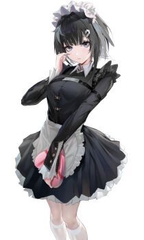 0dd 1girl absurdres alternate_costume apron arknights black_dress black_eyes black_hair box breasts closed_mouth collared_dress commentary cowboy_shot dress enmaided feather_hair feathers frilled_apron frilled_skirt frills hand_up harness highres holding holding_box la_pluma_(arknights) light_blush long_sleeves looking_at_viewer maid maid_headdress medium_breasts pleated_skirt short_hair simple_background skirt sleeves_past_wrists socks solo white_background white_headdress white_socks