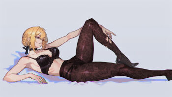1girl absurdres black_bra black_shoes blonde_hair bra braid breasts bun_with_braided_base evelyn_chevalier floral_print_pantyhose high_heels highres lace_pantyhose_hooked_on_heel_(meme) lewdicy lying medium_breasts meme on_back pantyhose purple_eyes shoes simple_background solo underwear white_background zenless_zone_zero