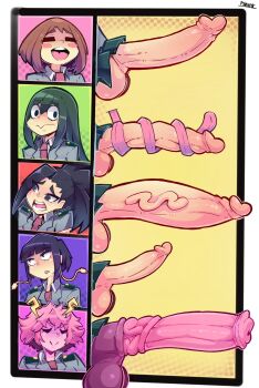 5futa animal_penis artist_name ashido_mina asui_tsuyu blush_stickers boku_no_hero_academia brown_hair chart closed_eyes colored_skin erection fellatio futanari green_eyes highres horns horse_penis huge_penis jiro_kyoka large_penis long_tongue multiple_futa necktie open_mouth oral penis penis_chart penis_comparison penis_focus penis_size_comparison penis_size_difference pink_skin pixzapix school_uniform smile testicles tongue tongue_out tonguejob toon_(style) u.a._school_uniform uncensored uraraka_ochako veins veiny_penis yaoyorozu_momo