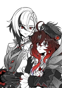 2girls absurdres ahoge arlecchino_(genshin_impact) arm_hug artist_self-insert black_gloves chinese_commentary closed_mouth collared_jacket commission commissioner_insert couple earrings fingernails formal_clothes frilled_sleeves frills from_side genshin_impact gloves gradient_hair grey_eyes grey_jacket grey_suit grey_vest hair_between_eyes hands_up hat highres huge_ahoge inaterayukiha jacket jewelry light_smile long_hair long_sleeves looking_at_another looking_down looking_to_the_side looking_up mixed-language_commentary multicolored_eyes multicolored_hair multiple_girls oc_x_canon original parted_lips partially_colored red_eyes red_hair red_nails sharp_fingernails simple_background standing streaked_hair suit suit_jacket symbol-shaped_pupils upper_body vest wavy_hair white_background x-shaped_pupils x_x yuri