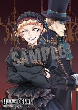 Rule 34 | 1boy, 1girl, ascot, black dress, black hat, black jacket, black shirt, blonde hair, blue eyes, brown background, brown hair, butterfly tattoo, chianti (meitantei conan), commentary request, copyright logo, copyright notice, cowboy shot, crossed arms, dress, evil grin, evil smile, frilled dress, frills, gloves, gothic lolita, green-framed eyewear, green ascot, grin, hat, highres, jacket, korn (meitantei conan), logo, lolita fashion, long sleeves, looking at viewer, meitantei conan, nagisa mmm, official art, purple lips, purple nails, sample watermark, shirt, short hair, smile, standing, tattoo, teeth, top hat, watermark, white gloves