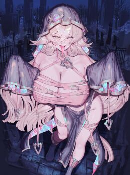 1girl absurdres alternate_costume bare_shoulders belt belt_bra blonde_hair breasts chest_belt cleavage commentary_request fang from_above hair_between_eyes hands_up highres hood huge_breasts long_hair long_tongue multiple_belts night nijisanji nui_sociere outdoors pelvic_curtain see-through_clothes see-through_sleeves shirogami_seisho skindentation sleeves_past_wrists solo thigh_strap tongue tongue_out tree very_long_hair virtual_youtuber wide_sleeves yellow_eyes