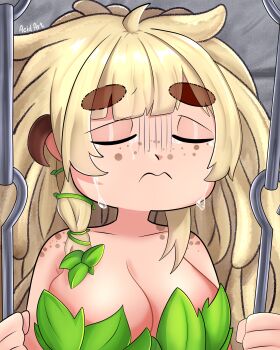 Rule 34 | 1girl, absurdres, acidart, animal ears, bananajuju, bikini, blonde hair, closed eyes, commentary, crying, english commentary, highres, indie virtual youtuber, leaf bikini, long hair, monkey ears, monkey girl, plant clothing, solo, swimsuit, upper body, virtual youtuber