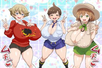 Rule 34 | 3girls, absurdres, between breasts, black shorts, black socks, blue eyes, blue shirt, breasts, brown eyes, brown hair, brown hat, brown shirt, brown shoes, budding expeditioner (pokemon), cleavage, collarbone, collared shirt, covered erect nipples, cowboy shot, double v, florian (pokemon), genderswap, genderswap (mtf), gradient background, green eyes, green shorts, hat, highres, hitokiwa kenchin, huge breasts, long sleeves, looking at viewer, multiple girls, necktie, necktie between breasts, nintendo, no bra, npc trainer, open mouth, outline, pokemon, pokemon swsh, pokemon tcg, purple shorts, red sweater, shirt, shoes, short hair, short sleeves, shorts, smile, smug, socks, sparkle background, standing, sweater, teeth, thick thighs, thighs, tongue, unbuttoned, unbuttoned shirt, upper teeth only, v, white outline, white shirt, youngster (pokemon)