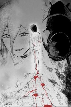 1girl arms_behind_back barefoot blood blood_on_clothes bomb_devil_(chainsaw_man) chainsaw_man hair_between_eyes highres madaosw reze_(chainsaw_man) torn_clothes torn_sleeves walking