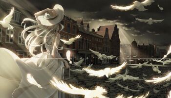 Rule 34 | 1girl, absurdres, arm up, artist name, bird, building, cloud, cloudy sky, commentary, cowboy shot, dated, dress, english commentary, falling feathers, feathers, film grain, flock, from behind, grey hair, hand on headwear, hat, highres, holding, holding suitcase, long dress, long hair, original, picture hat, rolling suitcase, sky, sleeveless, sleeveless dress, solo, standing, stone floor, suitcase, sunlight, teardrops (user vgvd7733), vanishing point, white dress, white hat, wind