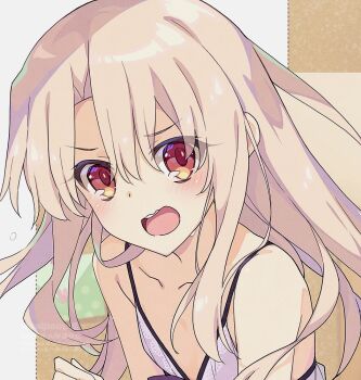 1girl bare_shoulders blush breasts camisole collarbone fate/kaleid_liner_prisma_illya fate_(series) illyasviel_von_einzbern long_hair looking_at_viewer open_mouth red_eyes saipaco sidelocks small_breasts solo white_camisole white_hair