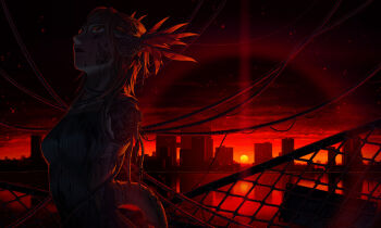 Rule 34 | 1girl, amputee, android, building, cable, chain-link fence, city, cloud, cloudy sky, commentary, damaged, dark, double amputee, dress, evening, fence, hair between eyes, headphones, hose, lens flare, looking afar, mechabare, medium hair, no arms, open mouth, outdoors, red eyes, red hair, red theme, reflection, ribbed dress, scenery, sky, skyline, skyscraper, sleeveless, sleeveless dress, solo, sorane rana, standing, sun, sunset, upper body, utau, watari taichi, water