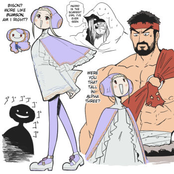 1girl 2boys beard capelet commentary dress english_commentary escoffion eyelashes facial_hair frilled_capelet frills headband hood ingrid_(capcom) laughing m._bison monoid_(street_fighter) multiple_boys purple_capelet red_headband ryu_(street_fighter) shaded_face short_dress speech_bubble street_fighter street_fighter_6 sweatdrop tall_male wanderjegson