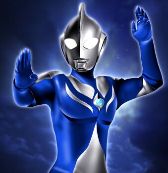 1boy alien arm_up artist_name aura cloud cloudy_sky color_timer compound_eyes dorsal_fin fighting_stance forehead_jewel glowing glowing_eyes hanejidyna86 highres looking_ahead male_focus night night_sky no_humans pectorals sky solo star_(sky) starry_sky tokusatsu twitter_username ultra_series ultraman_cosmos ultraman_cosmos_(luna_mode) ultraman_cosmos_(series) upper_body white_eyes