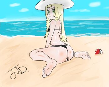 Rule 34 | 1girl, ass, bad id, bad twitter id, beach, blonde hair, day, female focus, green eyes, lillie (pokemon), nintendo, poke ball, pokemon, solo