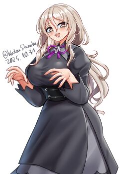 1girl absurdres black_dress brown_hair cosplay dated dress feet_out_of_frame grey_hair hair_between_eyes hex_maniac_(pokemon) hex_maniac_(pokemon)_(cosplay) hex_maniac_(pokemon_legends:_z-a) hex_maniac_(pokemon_legends:_z-a)_(cosplay) highres kantai_collection katou_shinobu low_ponytail nintendo pokemon pokemon_legends:_z-a pola_(kancolle) ponytail simple_background smile solo twitter_username white_background