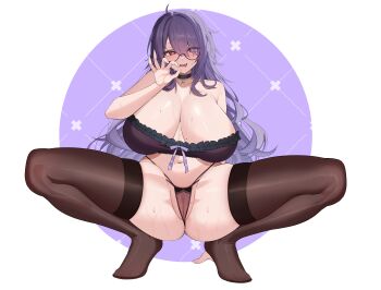 1girl absurdres ahoge artist_request black_thighhighs breasts camisole commentary_request fellatio_gesture frilled_camisole frills full_body highres huge_breasts indie_virtual_youtuber koala_necklace komoriya_sanaka long_hair messy_hair mole mole_on_crotch mole_on_stomach mole_under_mouth navel open_mouth panties purple_hair see-through_clothes see-through_panties semi-rimless_eyewear solo spread_legs squatting sweat thick_thighs thighhighs thighs underwear