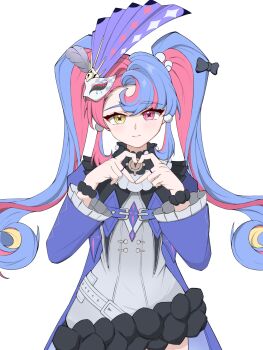 Rule 34 | 1girl, absurdres, asymmetrical dress, black bow, blonde streaks, blue hair, bow, closed mouth, coat, commentary, curled ends, dated commentary, dress, dress ruff, eye mask, feather hair ornament, feathers, flipped bangs, forehead, four-finger heart hands, grey dress, grey feathers, hair bow, hair ornament, hands up, heart, heart hands, heterochromia, highres, jewelry, keyhole, light blush, long hair, long sleeves, looking at viewer, mask, mask on head, masquerade mask, microdress, middle ring, multicolored hair, multiple rings, neck ruff, open clothes, open coat, parted hair, pb9967, pink eyes, pink hair, pom pom (clothes), pom pom hair ornament, purple coat, ring, roccia (wuthering waves), simple background, smile, solo, split-color hair, straight-on, streaked hair, symbol-shaped pupils, twintails, two-tone hair, upper body, white background, white mask, wide sleeves, wuthering waves, x-shaped pupils, yellow eyes