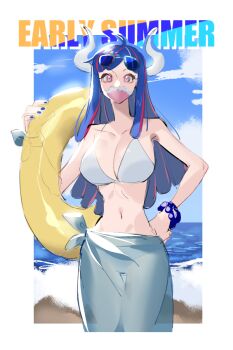 1girl alternate_costume bare_shoulders beach bikini blue_hair blue_nails blue_sky breasts cleavage cloud cloudy_sky collarbone commentary cowboy_shot hand_on_own_hip holding holding_swim_ring horizon horns innertube large_breasts long_hair looking_at_viewer mask mouth_mask nail_polish navel ocean one_piece pink_eyes raine_(acke2445) sarong sidelocks sky stomach summer swim_ring swimsuit symbol-only_commentary ulti_(one_piece) white_bikini