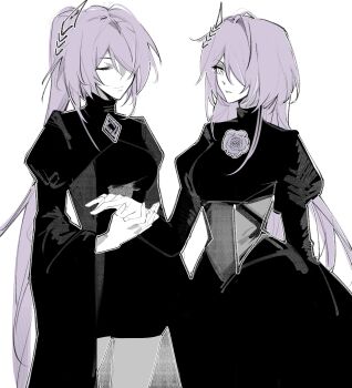 2girls acheron_(ambush)_(honkai:_star_rail) acheron_(honkai:_star_rail) alternate_costume alternate_hairstyle alternate_universe black_dress chest_jewel chinese_commentary closed_eyes closed_mouth dress dual_persona feng282166 flower hair_ornament hair_over_one_eye hand_on_another&#039;s_hand head_tilt high_ponytail highres honkai:_star_rail honkai_(series) light_smile long_hair long_sleeves looking_to_the_side multicolored_hair multiple_girls official_alternate_costume open_mouth parted_lips ponytail puffy_long_sleeves puffy_sleeves purple_hair rose shade simple_background standing streaked_hair upper_body white_background