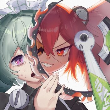 Rule 34 | 2girls, ahoge, animal ears, apron, bear ears, commentary, corin wickes, dress, english commentary, eyepatch, fake animal ears, green hair, hair between eyes, hair ornament, highres, holding, koleda belobog, long hair, looking at viewer, maid, maid apron, maid headdress, multiple girls, open mouth, original, purple eyes, red eyes, red hair, screw hair ornament, simple background, sphere hair ornament, twintails, yaroslavee, zenless zone zero