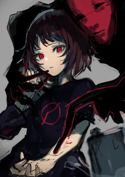 Rule 34 | 2girls, absurdres, arm up, black theme, brown hair, chuhaibane, claws, grey background, highres, horror (theme), looking at viewer, mask, medium hair, milk-chan (milk series), milk inside a bag of milk inside a bag of milk, mother (milk series), mother and daughter, multiple girls, pale skin, pointing, purple shirt, red eyes, red mask, revision, shirt, simple background, upper body