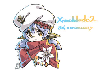 Rule 34 | 1girl, android, anniversary, bandaid, cape, flower, hat, official art, poppi (xenoblade), poppi alpha (xenoblade), purple hair, red cape, saitou masatsugu, short hair, smile, twintails, upper body, white flower, xenoblade chronicles (series), xenoblade chronicles 2, yellow eyes