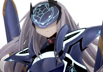 1girl armor armored_dress blue_armor blue_dress breastplate breasts commentary_request dress fairy_sword_arondight fate/grand_order fate_(series) long_hair mask melusine_(fate) melusine_(first_ascension)_(fate) pauldrons shoulder_armor small_breasts solo weapon white_hair yubeshi_(zecxl)