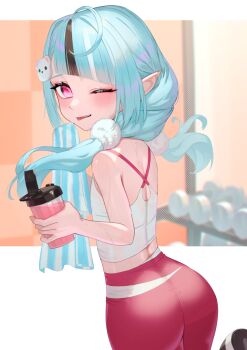 1girl ass black_hair blue_hair commission hair_ornament highres indie_virtual_youtuber long_hair median_furrow multicolored_hair one_eye_closed pants pink_eyes pink_pants pointy_ears rushian skeb_commission solo sportswear streaked_hair sweat twintails virtual_youtuber yoga_pants zenya_hima