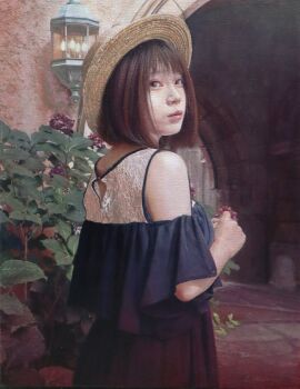 1girl absurdres arch asian blunt_bangs bob_cut commentary_request flower hat highres looking_to_the_side medium_hair naohiro_ito oil_painting_(medium) original painting_(medium) plant purple_flower solo straw_hat traditional_media wall_lamp