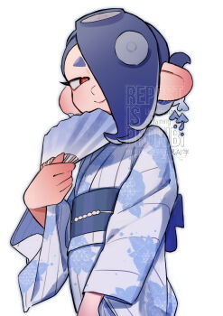 1girl absurdres blue_hair blue_kimono cephalopod_eyes closed_mouth commentary_request eyelashes floral_print floral_print_kimono folding_fan hair_over_one_eye hand_fan highres holding holding_fan japanese_clothes kimono looking_at_viewer nintendo octoling po_(moudameda17) print_kimono red_eyes shiver_(splatoon) short_eyebrows simple_background smile solo splatoon_(series) standing tentacle_hair thick_eyebrows watermark white_background