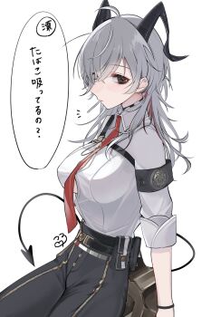 1girl armband black_armband black_eyes black_horns black_tail breasts button_gap candy chest_harness collared_shirt commentary curled_horns demon_tail food grey_hair harness highres horns large_breasts lollipop lollipop_in_mouth long_hair multicolored_hair necktie red_necktie shirt shirt_tucked_in simple_background solo streaked_hair suyosuyo symbol-only_commentary tail translation_request white_background white_shirt wuthering_waves zani_(wuthering_waves)