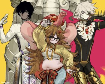 1girl 2boys :3 arjuna_(fate) arm_up armor bandeau bindi black_bodysuit black_eyes black_hair blue_eyes blue_pants blush bodysuit bow breasts brown_eyes closed_mouth coat collar cropped_jacket cuisses dancing dark-skinned_male dark_skin elephant_hat elephant_statue eyeliner fat fat_woman fate/grand_order fate_(series) ganesha_(fate) glasses gloom_(expression) gloves gold_armor hair_between_eyes hair_bow hand_up highres jacket jewelry jitome karna_(fate) large_breasts long_hair long_sleeves looking_at_viewer makeup midriff mudra multiple_boys multiple_rings necklace pants red_bow red_eyeliner red_sash ring sash signature simple_background sorry4u999 spiked_collar spikes v-shaped_eyebrows very_long_hair waist_sash white_bandeau white_coat white_gloves white_hair yellow_background yellow_jacket