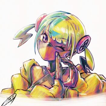 1girl black_hair blue_hair blush canari_(pokemon) dark-skinned_female dark_skin eyelashes highres jacket kaosu_(kaosu0905) long_sleeves looking_at_viewer mask mouth_mask multicolored_hair nintendo one_eye_closed pokemon pokemon_legends:_z-a purple_eyes short_hair solo upper_body white_background yellow_jacket