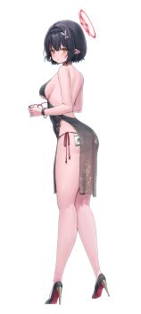 1girl absurdres alternate_costume ass ayane_(blue_archive) back backless_dress backless_outfit bare_arms bare_back bare_legs bare_shoulders black_dress black_footwear black_hair blue_archive blush breasts butterfly_hair_ornament china_dress chinese_clothes commentary dress unworn_eyewear from_side full_body hair_ornament halo halter_dress halterneck high_heels highres holding holding_removed_eyewear id_card legs looking_at_viewer looking_to_the_side medium_breasts p00nipooni panties parted_lips pelvic_curtain pinup_(style) pointy_ears red-framed_eyewear red_halo red_panties red_soles see-through_clothes see-through_dress shoes short_hair side-tie_panties side_slit sideboob simple_background sleeveless sleeveless_dress standing string_panties symbol-only_commentary tachi-e thighs underwear white_background wristband yellow_eyes