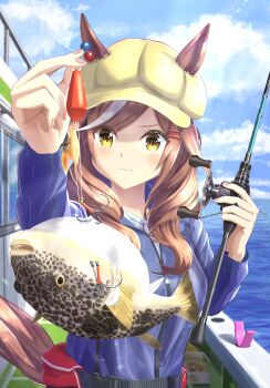 1girl absurdres alternate_costume blue_jacket boat brown_hair closed_mouth commentary_request ears_through_headwear fish fishing_rod fusou_(fuso0205) hat highres holding holding_fishing_rod jacket long_hair matikanetannhauser_(umamusume) ocean pout puffer_fish solo umamusume watercraft yellow_eyes yellow_hat