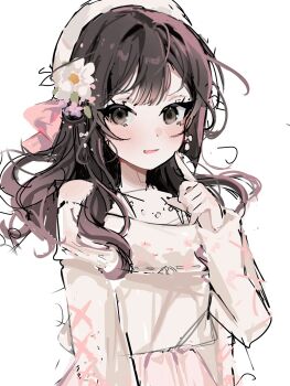 1boy artist_self-insert bare_shoulders brown_eyes brown_hair crossdressing crossdressing_(mtf) dress flower hair_flower hair_ornament hair_ribbon hairband hand_up highres indie_virtual_youtuber jewelry long_hair male_focus moenaomii_(artist) parted_lips ribbon solo trap virtual_youtuber white_background white_dress white_hairband