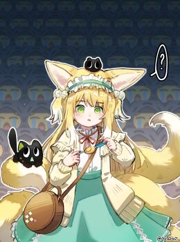 Rule 34 | 1girl, ?, animal, animal ear fluff, animal ears, animal on head, aqua skirt, arknights, bag, black cat, blonde hair, blue hairband, blue skirt, blush, brown bag, cardigan, cat, cat on head, colored tips, cross-laced clothes, cross-laced skirt, cross-laced slit, crossover, fox ears, fox girl, fox tail, frilled hairband, frills, green eyes, green skirt, hair ornament, hair scrunchie, hairband, heixiu, high-waist skirt, highres, holding, kitsune, kyuubi, long hair, long sleeves, looking at viewer, luo xiaohei, luo xiaohei zhanji, multicolored hair, multiple tails, neck ribbon, no grad, official alternate costume, on head, open cardigan, open clothes, parted lips, puffy long sleeves, puffy sleeves, red ribbon, ribbon, scrunchie, shirt, shoulder bag, skirt, sleeve cuffs, solo, speech bubble, spoken question mark, suzuran (arknights), suzuran (spring praise) (arknights), tail, twitter username, two-tone hair, white hair, white shirt, yellow cardigan