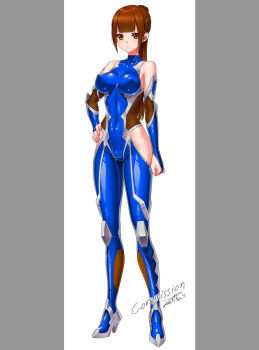 1girl blue_bodysuit blunt_bangs bodysuit breasts bridal_gauntlets brown_eyes brown_hair commission covered_erect_nipples elbow_gloves full_body gloves hand_on_own_hip high_heels hip_focus impossible_bodysuit impossible_clothes long_hair looking_at_viewer medium_breasts original ponytail simple_background skeb_commission skin_tight solo taimanin_suit takada_kazuhiro