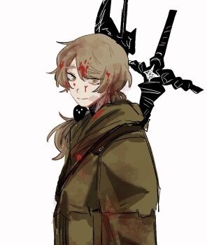 1boy a_certain_sinclair_(project_moon) a_ml0525 animal animal_on_shoulder axe bird bird_on_shoulder blood blood_in_hair blood_on_clothes blood_on_face closed_mouth coat commentary english_commentary from_side green_coat hood hooded_jacket jacket limbus_company long_hair looking_at_viewer low_side_ponytail male_focus project_moon simple_background sinclair_(project_moon) solo spoilers sword sword_on_back upper_body weapon weapon_on_back white_background yellow_eyes