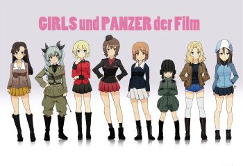 Rule 34 | 10s, 6+girls, anchovy (girls und panzer), ankle boots, anzio military uniform, asymmetrical bangs, belt, black footwear, black jacket, black necktie, black ribbon, black shirt, black skirt, blonde hair, blue eyes, blue footwear, blue hat, blue jacket, blue shorts, blue skirt, boots, braid, brown eyes, brown hair, brown jacket, chi-hatan military uniform, closed mouth, copyright name, crossed arms, darjeeling (girls und panzer), denim, denim shorts, dress shirt, drill hair, emblem, english text, fang, garrison cap, ghost in the shell lineup, girls und panzer, green hair, green jumpsuit, green shirt, grey jacket, grey pants, hair intakes, hair ribbon, hand on own chin, hand on own hip, hands in pockets, hands on own hips, hat, helmet, highres, holding, holding riding crop, jacket, jumpsuit, katyusha (girls und panzer), kay (girls und panzer), keizoku military uniform, knee boots, kuro (toi et moi), kuromorimine military uniform, light smile, long hair, long sleeves, looking at viewer, mika (girls und panzer), military, military uniform, miniskirt, multiple girls, necktie, nishi kinuyo, nishizumi maho, nishizumi miho, ooarai military uniform, open clothes, open jacket, pants, parted lips, pleated skirt, pravda military uniform, raglan sleeves, red eyes, red jacket, red shirt, red skirt, ribbon, riding crop, saunders military uniform, shirt, short hair, short jumpsuit, short shorts, shorts, shoulder belt, skirt, smile, st. gloriana's military uniform, standing, star (symbol), tank helmet, thighhighs, track jacket, trait connection, tulip hat, twin braids, twin drills, twintails, white legwear, white shirt, white skirt, yellow skirt