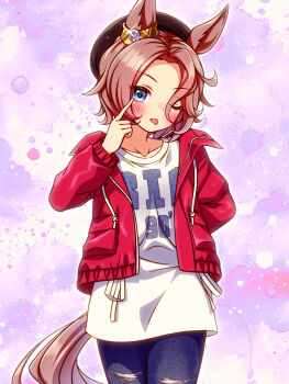 Rule 34 | 1girl, animal ears, beret, black hat, blue eyes, blue pants, blush, brown hair, commentary request, denim, hair between eyes, hat, highres, horse ears, horse girl, horse tail, jacket, jeans, long sleeves, looking at viewer, narita taishin (casual) (umamusume), narita taishin (umamusume), one eye closed, open clothes, open jacket, pants, red jacket, shirt, short hair, solo, sugimotty nova, tail, tongue, tongue out, torn clothes, torn jeans, torn pants, umamusume, white shirt