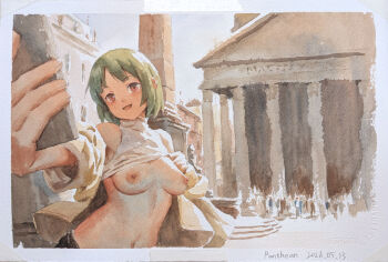 1girl bigrbear breasts brown_eyes building clothes_lift commentary crowd dated day english_commentary green_eyes holding holding_phone jacket lifting_own_clothes looking_at_phone medium_breasts navel nipples no_bra open_clothes open_jacket original outdoors painting_(medium) phone selfie shirt_lift short_hair solo traditional_media watercolor_(medium)