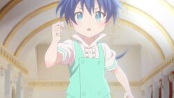 1boy :o androgynous animated aqua_eyes bare_legs blue_eyes blue_hair blush child clenched_hands highres lloyd_de_saloum looking_at_viewer male_focus micro_shorts open_mouth running screencap shiny_skin shirt short_shorts shorts sound tagme tensei_shitara_dai_nana_oji_datta_no_de:_kimama_ni_majutsu_o_kiwamemasu trap video white_shirt wide_hips