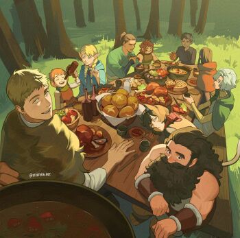 4girls 6+boys absurdres animal_ears apple aqua_capelet bare_shoulders beard black_hair blonde_hair boned_meat bottle braid bread_bun brown_hair capelet cat_ears cat_girl cat_tail chilchuck_tims cloak closed_eyes cooking cooking_pot dinner dungeon_meshi dwarf elf etceteraart facial_hair food forest fruit grapes green_cloak green_eyes grey_hair hair_over_one_eye highres holding holding_bottle izutsumi japanese_clothes kabru laios_touden long_hair marcille_donato meat mithrun multiple_boys multiple_girls muscular muscular_male mustache namari_(dungeon_meshi) nature parted_lips pie pointy_ears ponytail red_cloak rin_(dungeon_meshi) senshi_(dungeon_meshi) short_hair shurou tail twin_braids twitter_username yellow_eyes