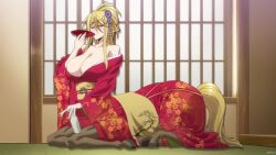 10s 1girl 2015 alcohol animal_ears animated anime_screenshot blonde_hair blue_eyes blush breasts centaur centorea_shianus cleavage hair_ornament horse_ears horseshoe huge_breasts interior japanese_clothes kimono long_hair monster_girl monster_musume_no_iru_nichijou ponytail sake sitting solo sound tagme taur video