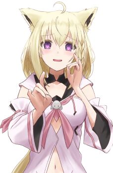 Rule 34 | 1girl, ahoge, alternate costume, animal ear fluff, animal ears, blonde hair, blush, commentary request, detached sleeves, fox ears, fox girl, hair between eyes, heart, heart-shaped pupils, highres, hololive, hood, hoodie, idol showdown, long hair, looking at viewer, midriff, navel, neckerchief, open mouth, pink hoodie, pink neckerchief, purple eyes, shirakami fubuki, shirakami fubuki (1st costume), shirata98, sidelocks, simple background, solo, symbol-shaped pupils, virtual youtuber, white background