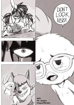 1boy 2girls abby_mallard berserk blood blood_on_face bloody_tears braces chicken_little chicken_little_cluck commentary crying crying_with_eyes_open dated defeat english_commentary english_text femdom forced_to_watch foxy_loxy furry furry_female furry_male furry_with_furry garabato glasses greyscale held_down highres monochrome multiple_girls netorare open_mouth parody pixiv_username restrained shota style_parody tears upper_body what
