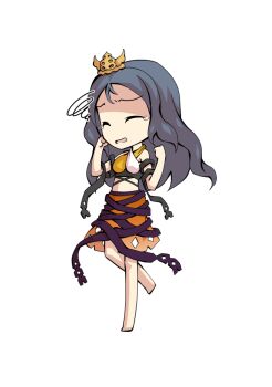 1girl bare_shoulders barefoot black_ribbon blue_hair breasts chibi chibi_only chirizuka_ubame clenched_hands commentary_request crop_top dairi full_body hands_up large_variant_set long_hair medium_breasts orange_skirt purple_ribbon ribbon ribbon_around_body simple_background skirt solo standing standing_on_one_leg stomach tachi-e tank_top tiara touhou transparent_background variant_set