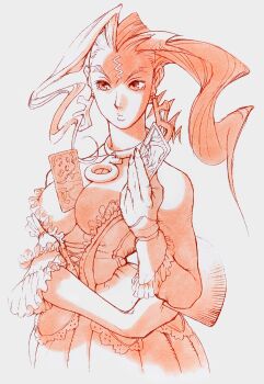 1girl alternate_costume bengus between_breasts breasts card card_between_breasts corset dress earrings frills game_cg hair_slicked_back highres jewelry large_breasts long_hair non-web_source official_art rose_(street_fighter) sepia single_hair_intake solo street_fighter street_fighter_zero_(series) tarot tarot_card